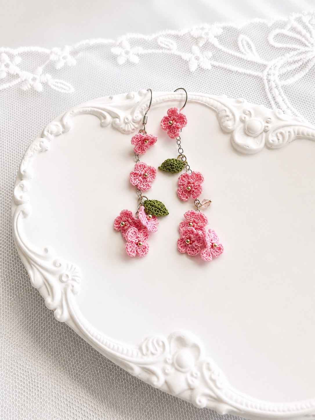 Floral Drop Earrings Pink on Plate.