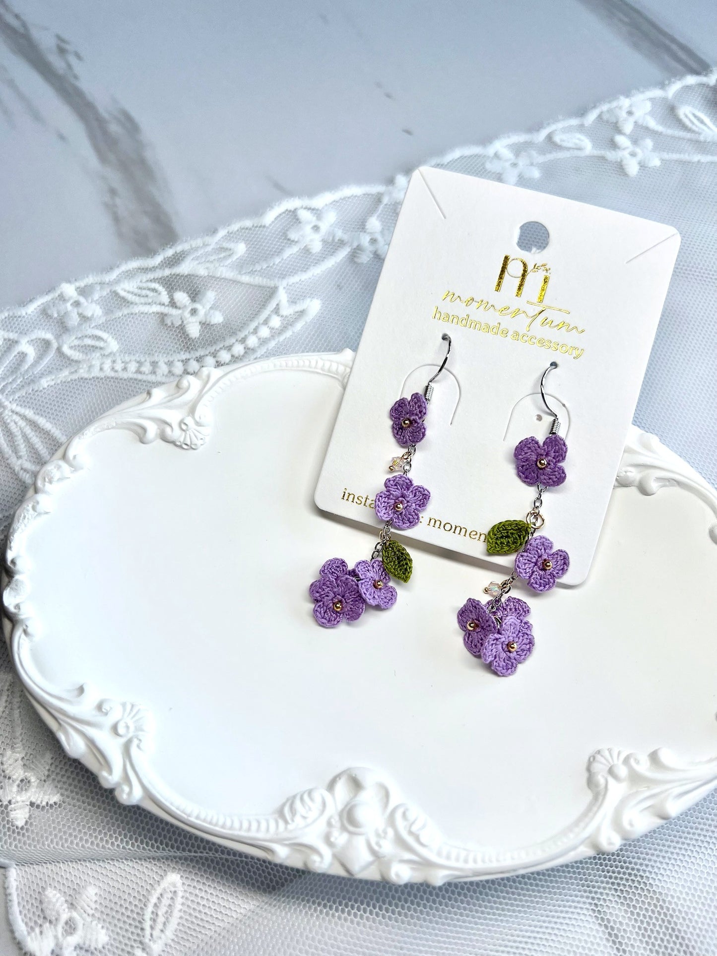 Floral Drop Earring Purple with Card.